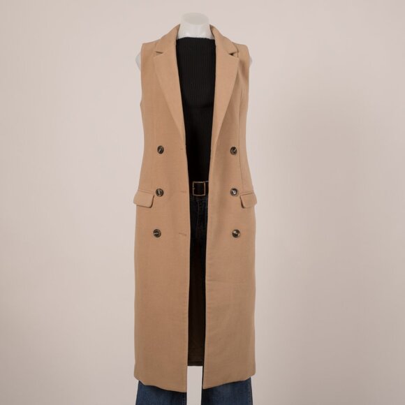 Missguided Camel Sleeveless Double-Breasted Longline Vest - Picture 2 of 5